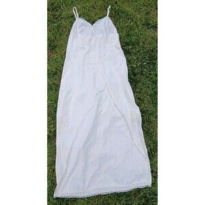 Vintage Y2K White Nylon Slip Dress Lace Trim Midi Maxi Cottagecore Lingeriecore
